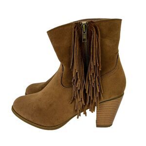 Rampage Frankey Tan Suede Fringe Western Ankle Boots Heeled Cowgirl Boho Shoes 8